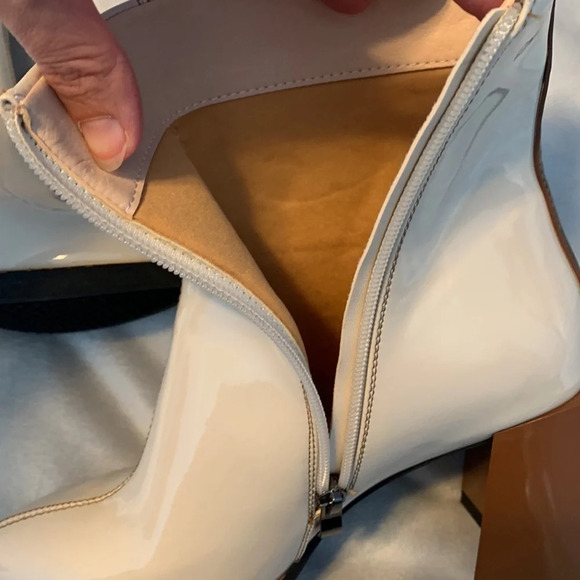 Azalea Wang size 7 ecru patent leather chunky brown heel boots disco side zip 7 - Picture 4 of 8